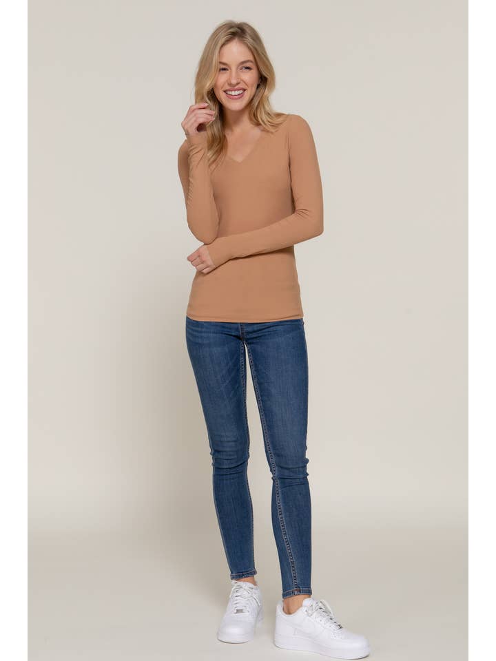 Active Basic | Active USA – Top de malha - Mulher por atacado – Top de malha de manga comprida com decote em V em Rayon 20