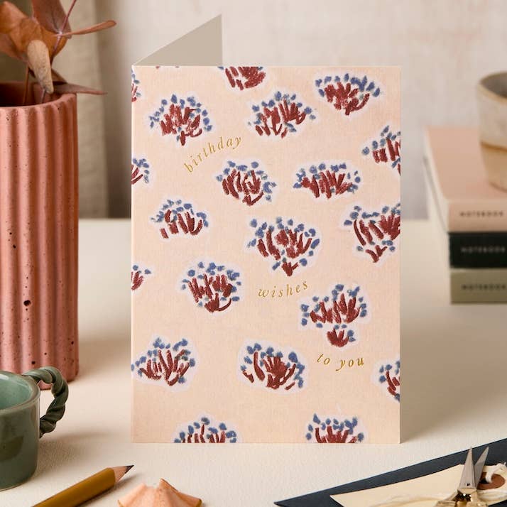 Pastel Claret/Blue Birthday Wishes Card for wholesale by Katie Leamon