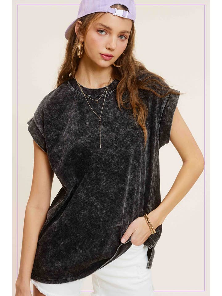 La Miel - Vente Tunique – femme - MCT7689-Haut à manches courtes et encolure ras-du-cou délavé au minéral