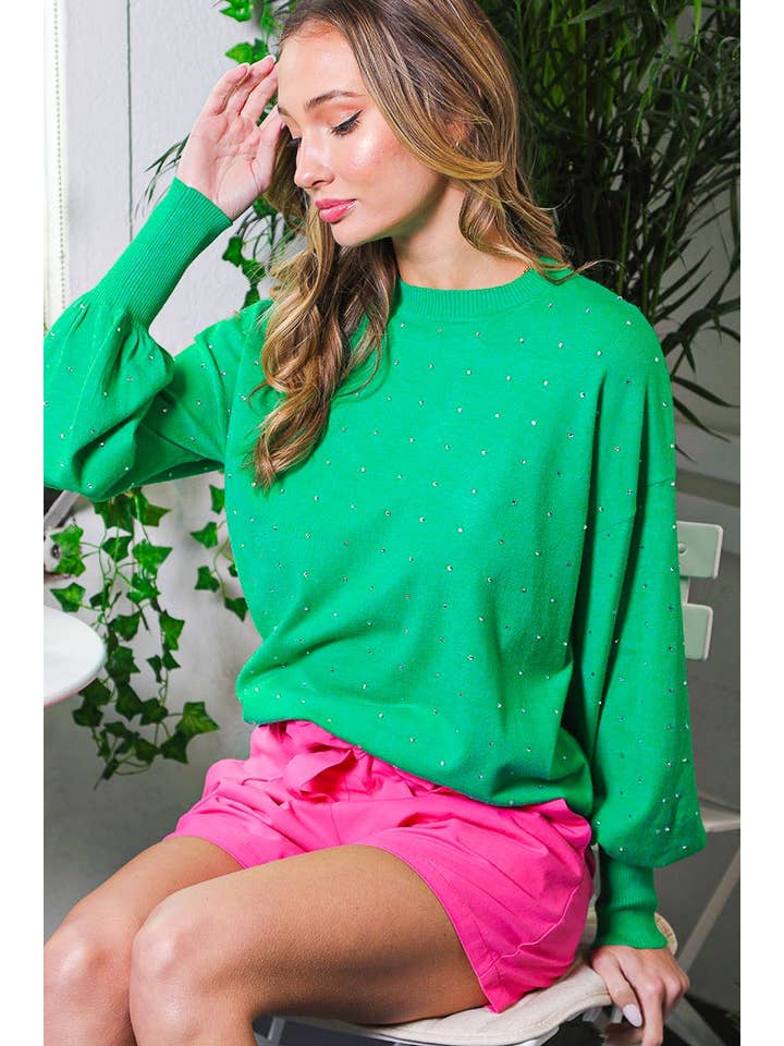 Vine & Love - Wholesale Knit Sweater - Women's - Rhinestone Detail Long Balloon Sleeve Knit Sweater VT60387B