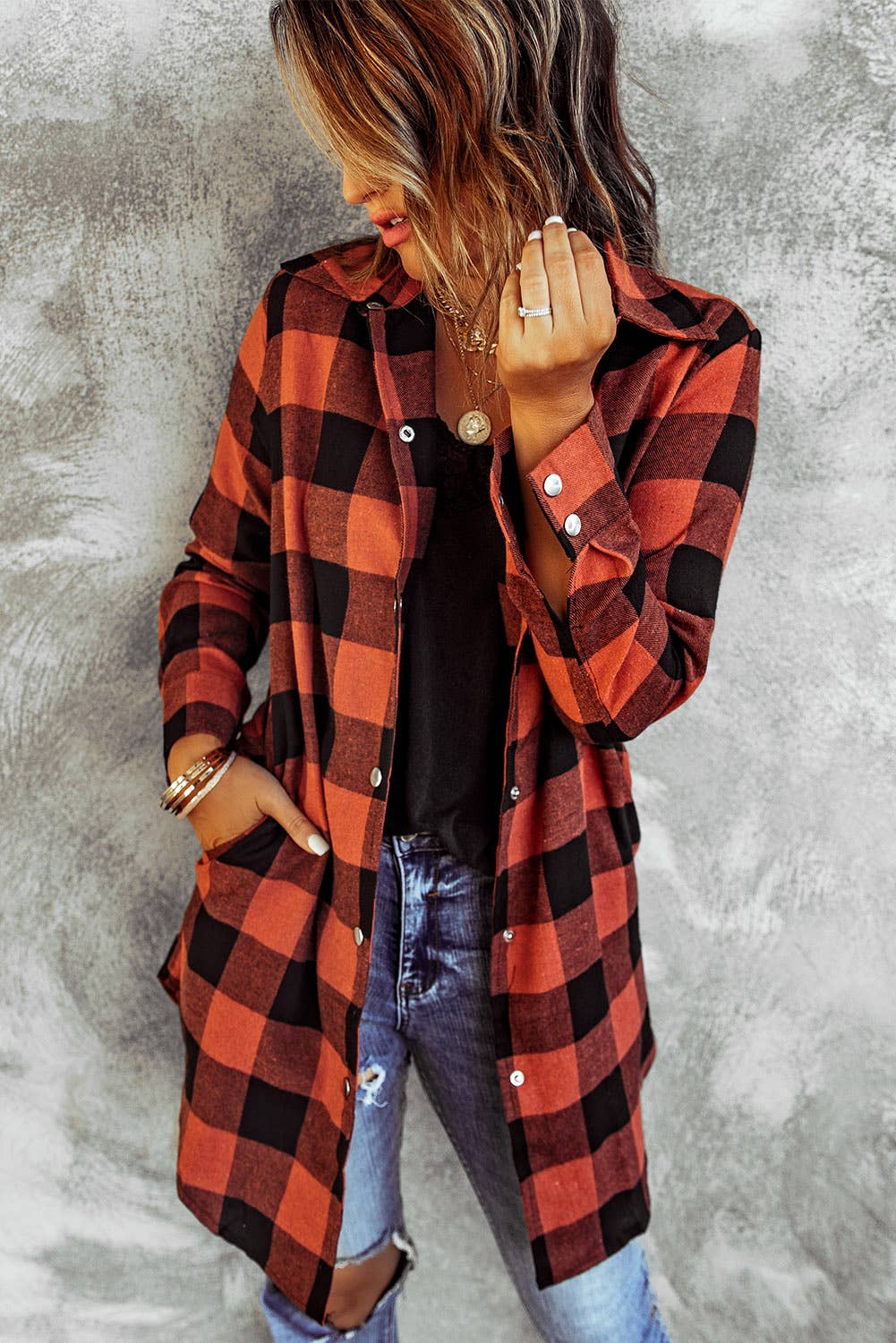 Lovesoft – Engroshandel Frakke - Dame – Turn-down Krave Plaid Shirt Coat5