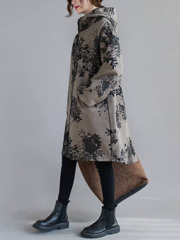 SAME AS PICTURE Artistic Retro Loose Floral Printed Hooded Long Sleeves Outwear for wholesale on Faire7