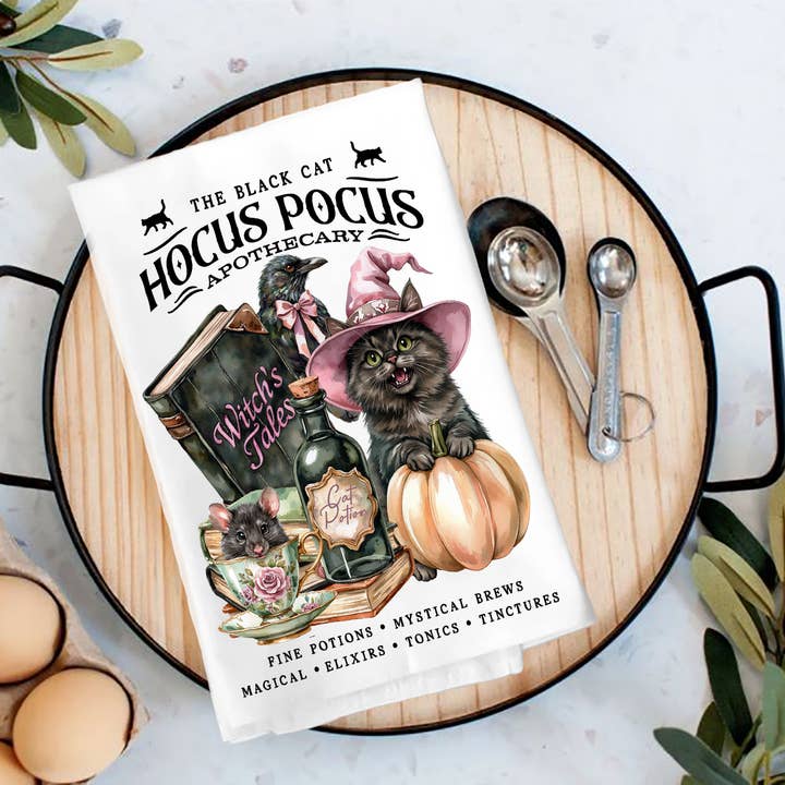 Halloween Hocus Pocus Black Cat Tea Towel for wholesale by Avery Lane Gifts