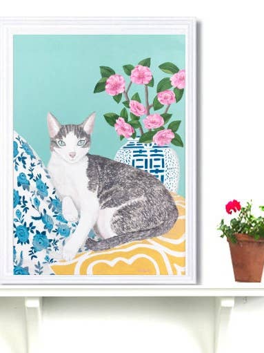 Konsttryck katt och chinoiserie blå vit vas med blommor för wholesale av Sally B