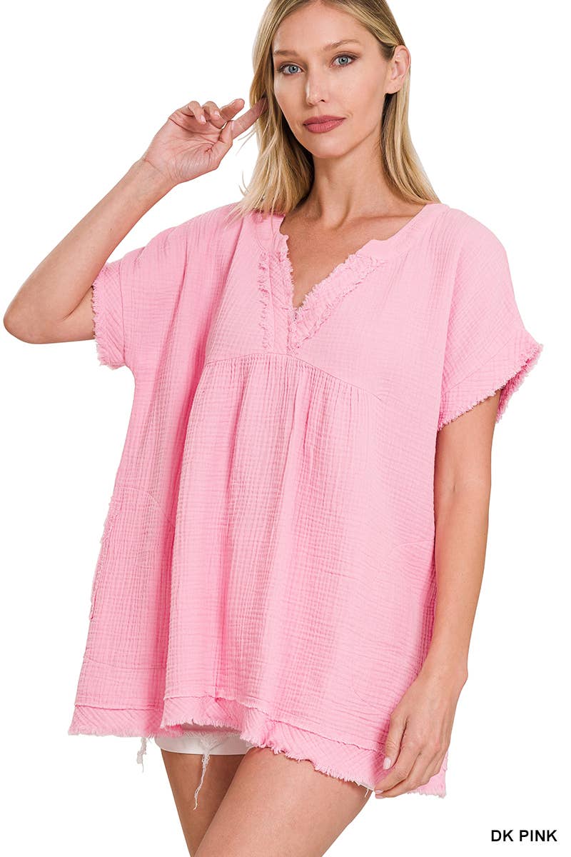 42POPS – wholesale Tunika - Dam – "Rå kant kortärmad V-ringad tröja24