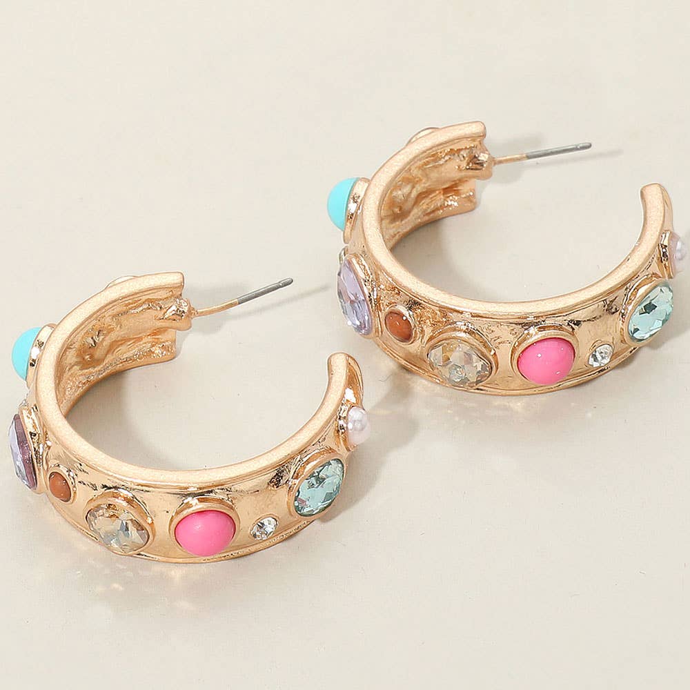 Sensibling Corp. - Wholesale Hoop Earrings - Mixed Stone Pearl Embellished Hoop Earrings3