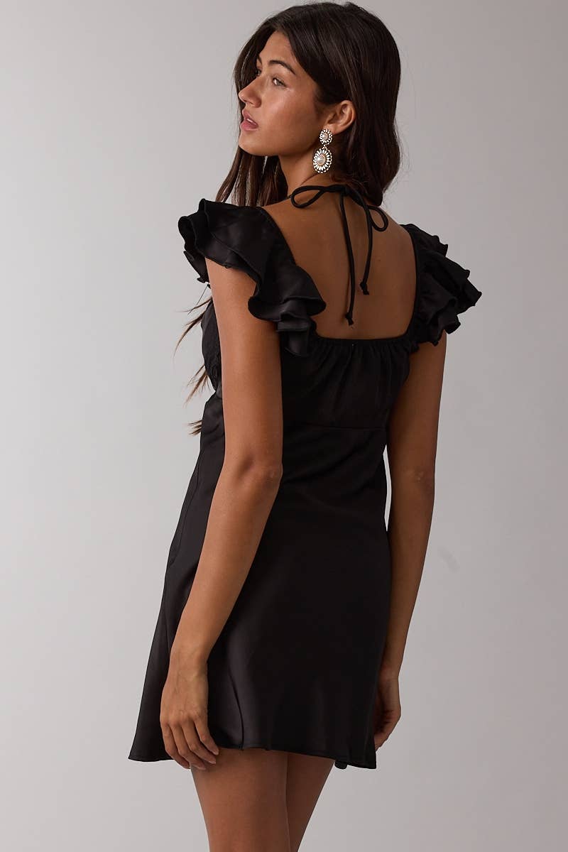 Sky to Moon - Wholesale Dress - Women's - SATIN RUFFLE WING SLEEVE SCELLOP LACE MINI DRESS2