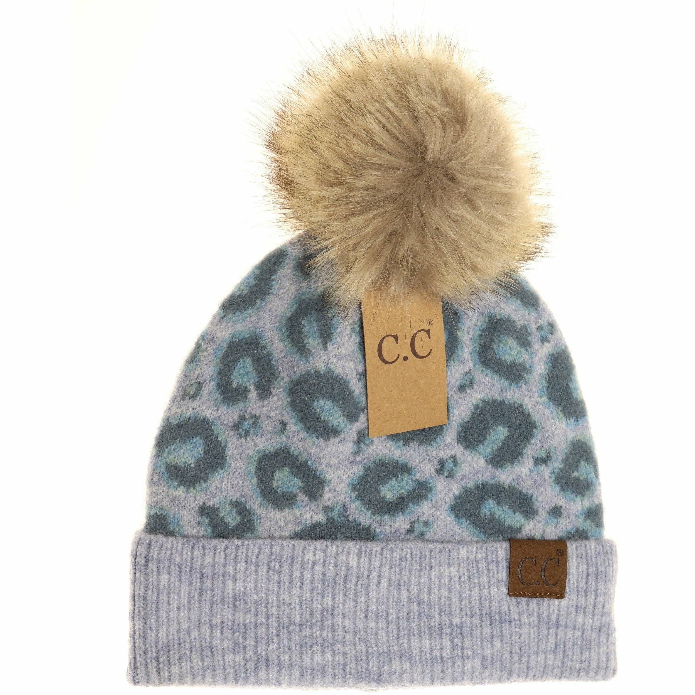 C.C Beanie - Venta al por mayor Gorro de lana - Mujer - Gorro con pompones de piel sintética con estampado de leopardo HAT35131