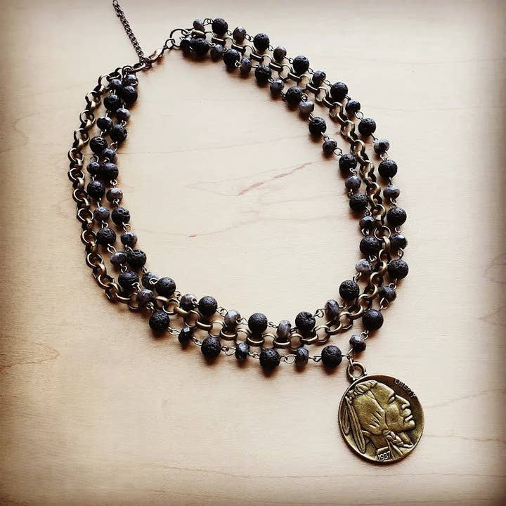 The Jewelry Junkie - Wholesale Pendant/Charm Necklace - Labradorite Triple Strand Collar Necklace w/ Indian Coin 252q