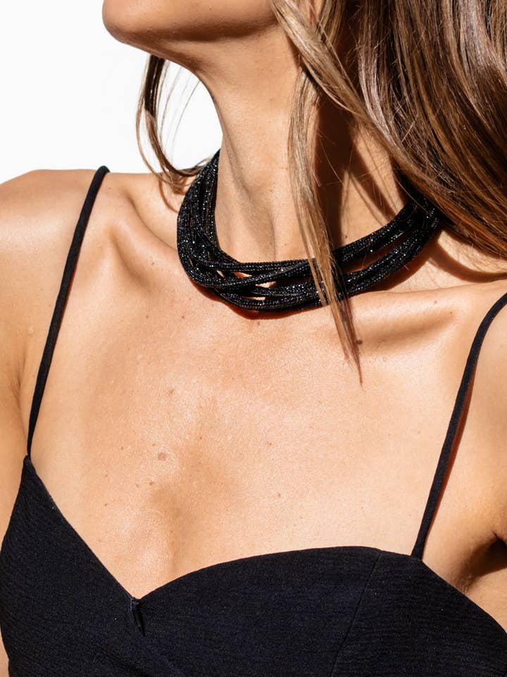 Collar Multicadena 4 en 1 - Jet Black Rhinestone para venta al por mayor de ROCKNOT