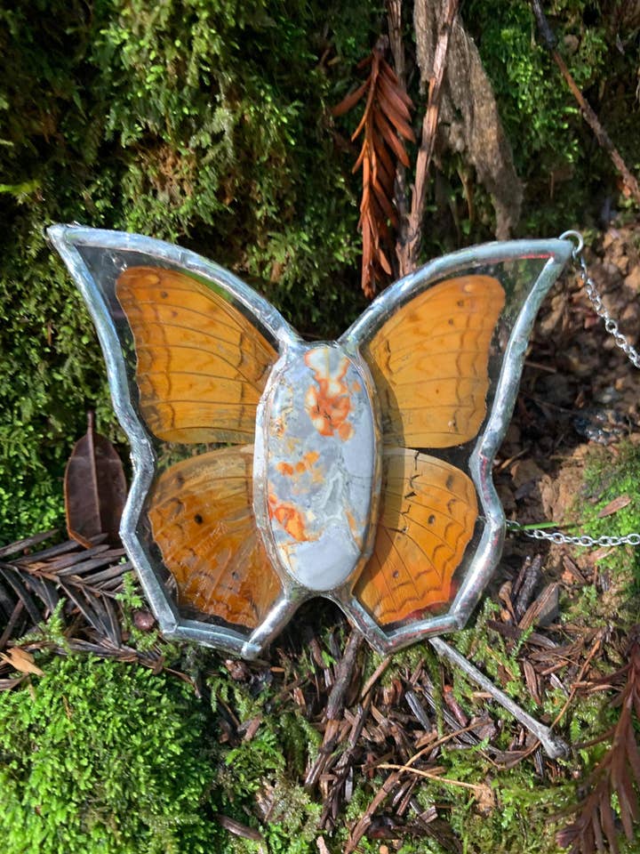 Butterfly Taxidermy Pendant with Jasper & Stained Glass for wholesale by Outsider Artshop
