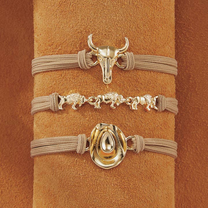 Back in the Saddle - Wholesale Hair Tie - Set Of 3 Stretch Hair Tie/Bracelets Hat & Steer1