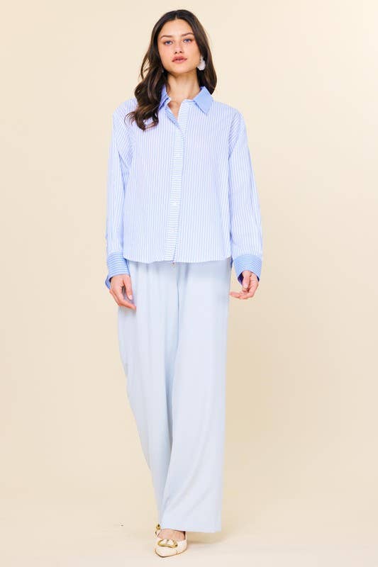 White Blue Striped Relaxed Button-Down Shirt for wholesale on Faire4