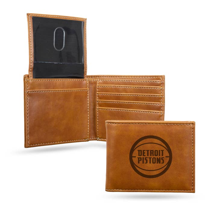 Detroit Pistons Laser Engraved Billfold Wallet, Brown for wholesale by Rico Industries