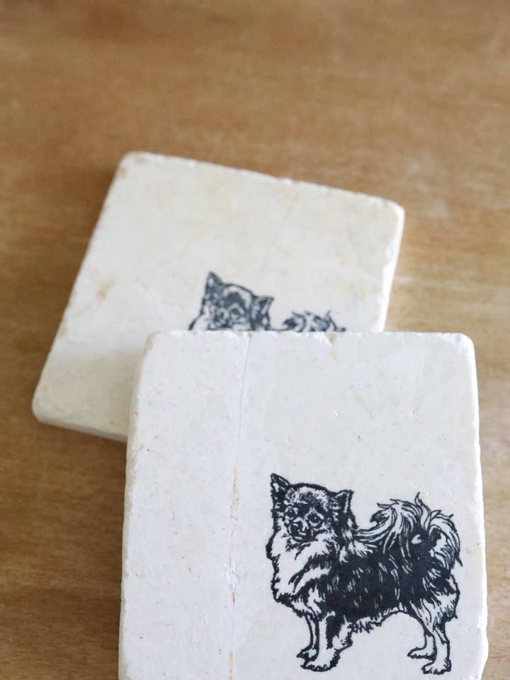 Chihuahua Dessous de verre à poil long pour la vente par Lace, Grace & Peonies Marble Coasters