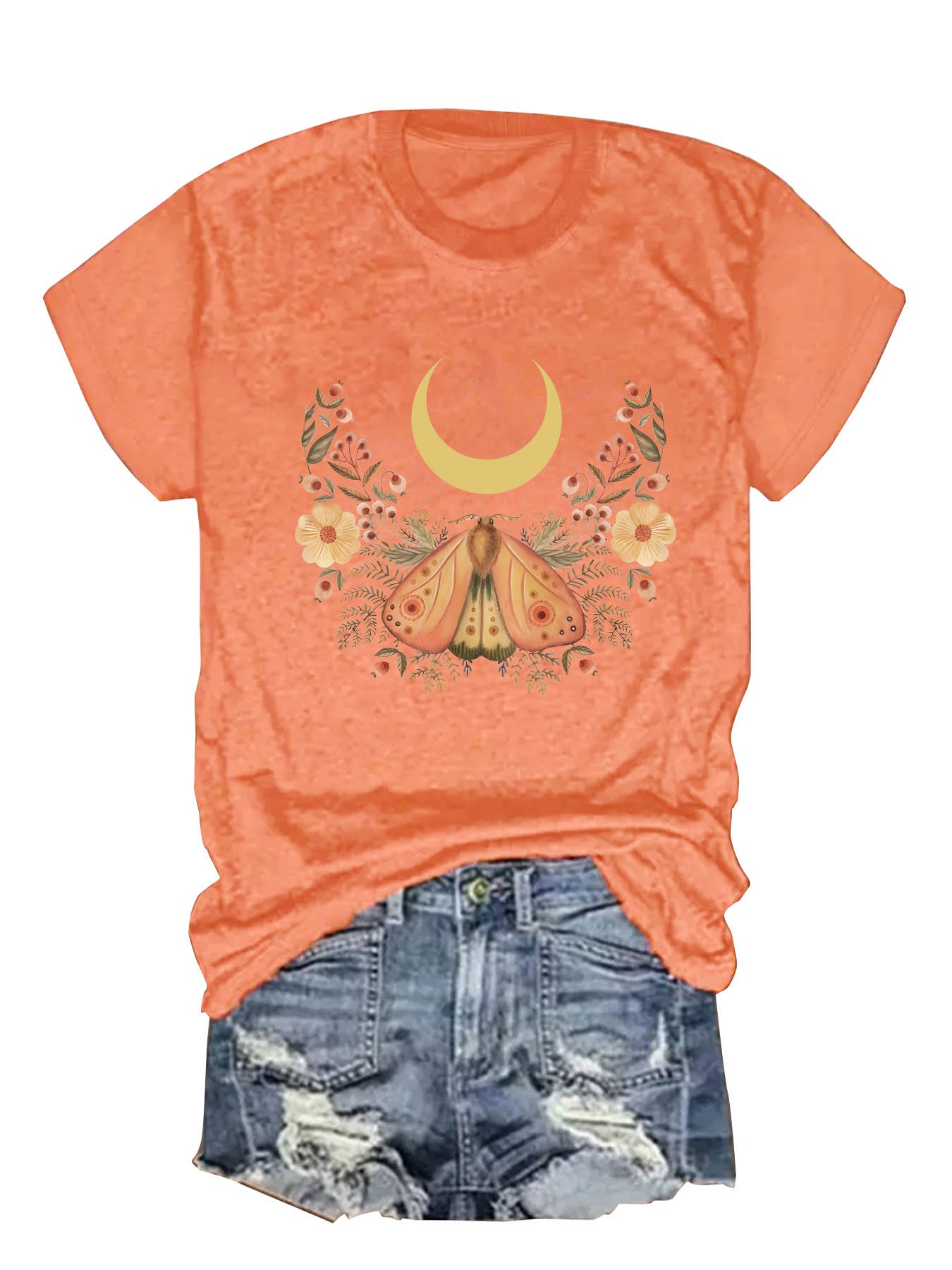 Rosa Clothing - Vente T-shirt sérigraphié – femme - T-shirt à motif en forme de croissant décroissant, de fleurs sauvages et de papillons2