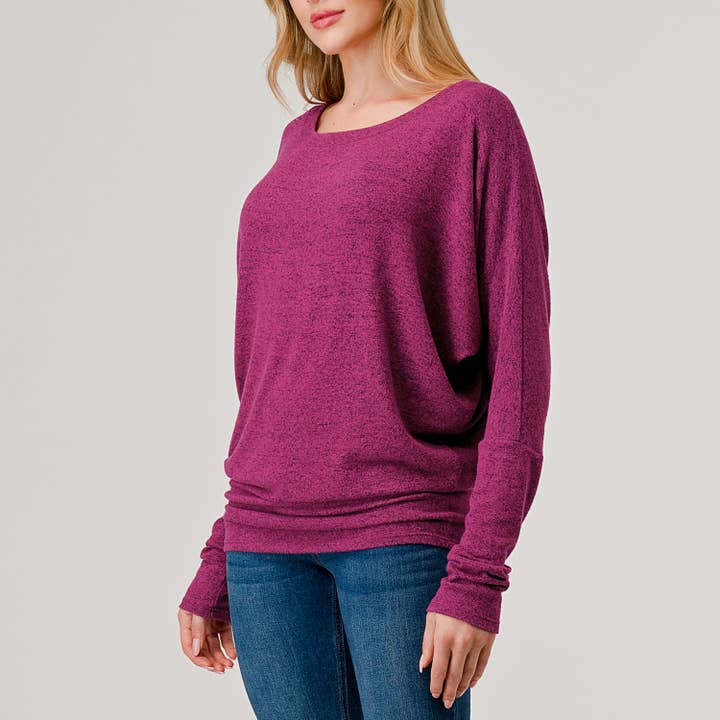 Heimious - Wholesale Knit Top - Women's - Long Dolman Sleeve Round Neck Brushed Knit Top, 273965