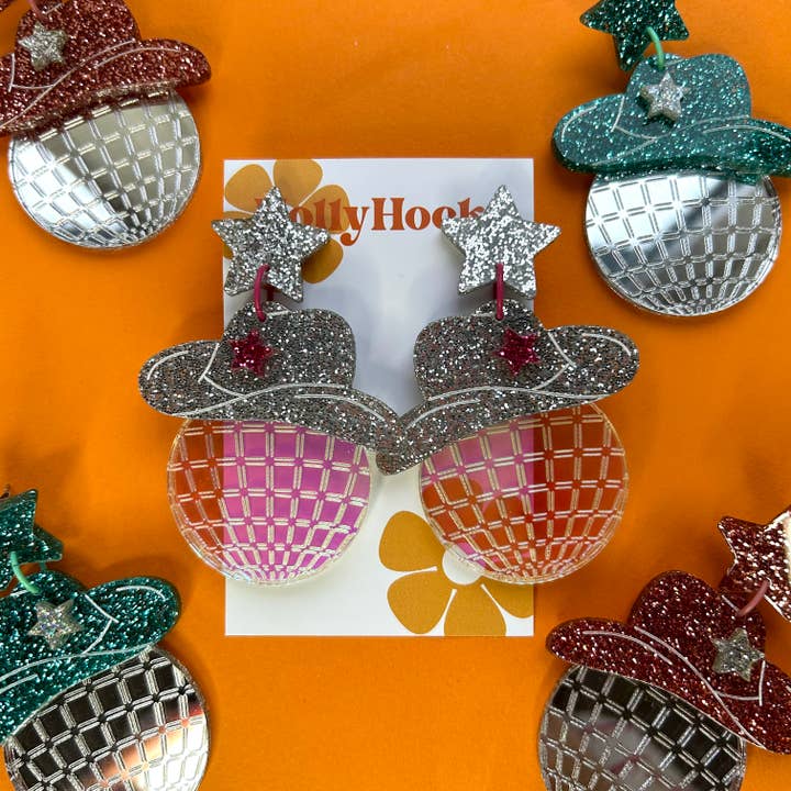 Boucles d'oreilles acryliques découpées au laser Disco Cowboy pour la vente par HollyHocks Jewellery