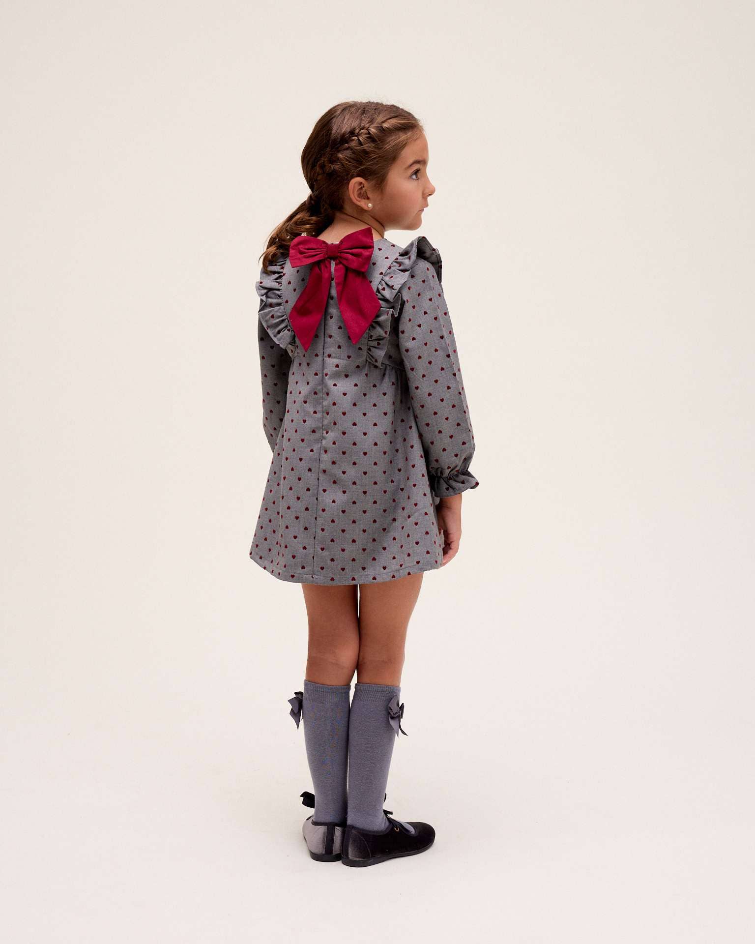 Grey Gray girl's dress with garnet heart print for wholesale on Faire1