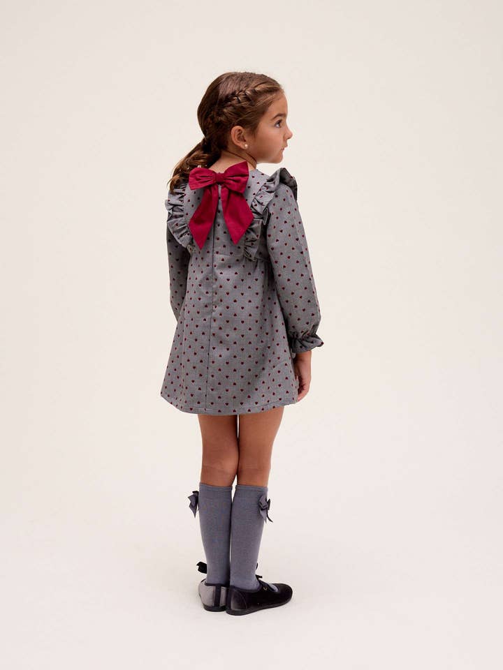Grey Gray girl's dress with garnet heart print for wholesale on Faire1