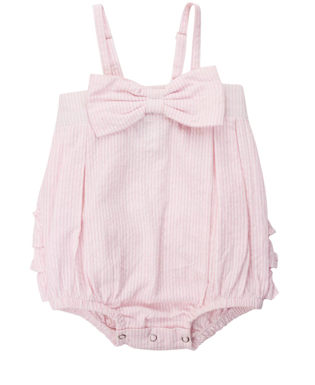 Baby Girls Pink Seersucker Bow Front Bubble Woven Romper for wholesale on Faire0