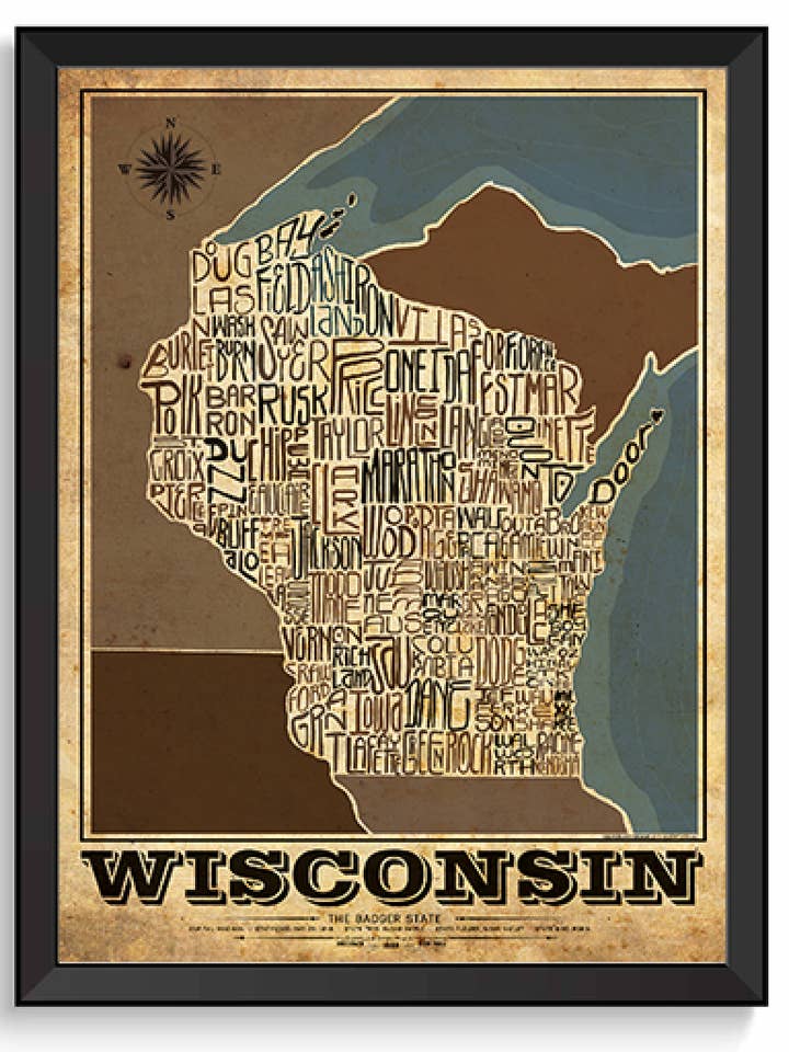 Carte des types d'État du Wisconsin pour la vente par LOST DOG art & frame