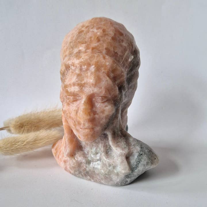 Native American Male Bust of Orange Calcite – approx. 10 cm Gemstone Carving (Indian) for wholesale by Moonlight Gemstones