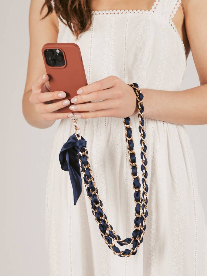 Navy Elena Woven Link Crossbody Phone Strap for wholesale by Eye Candy Los Angeles