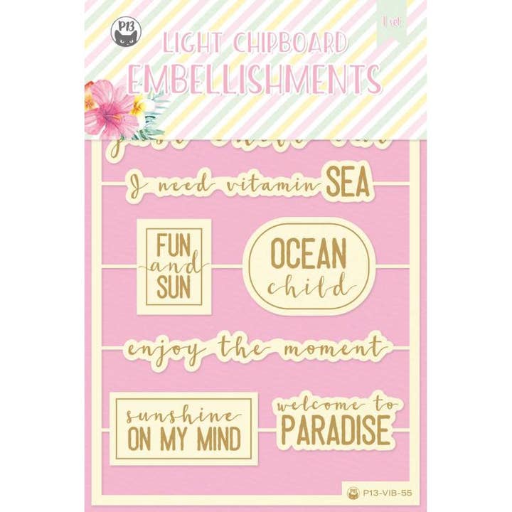 P13 - Wholesale Craft Supplies - Light Chipboard Embellishments Summer Vibes 08 Eng, 8Pcs