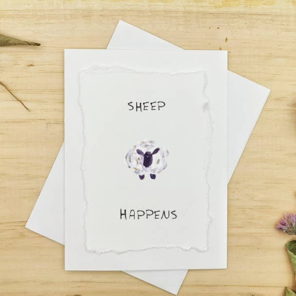 Carte peinte à la main Sheep Happens pour la vente par Irony Art