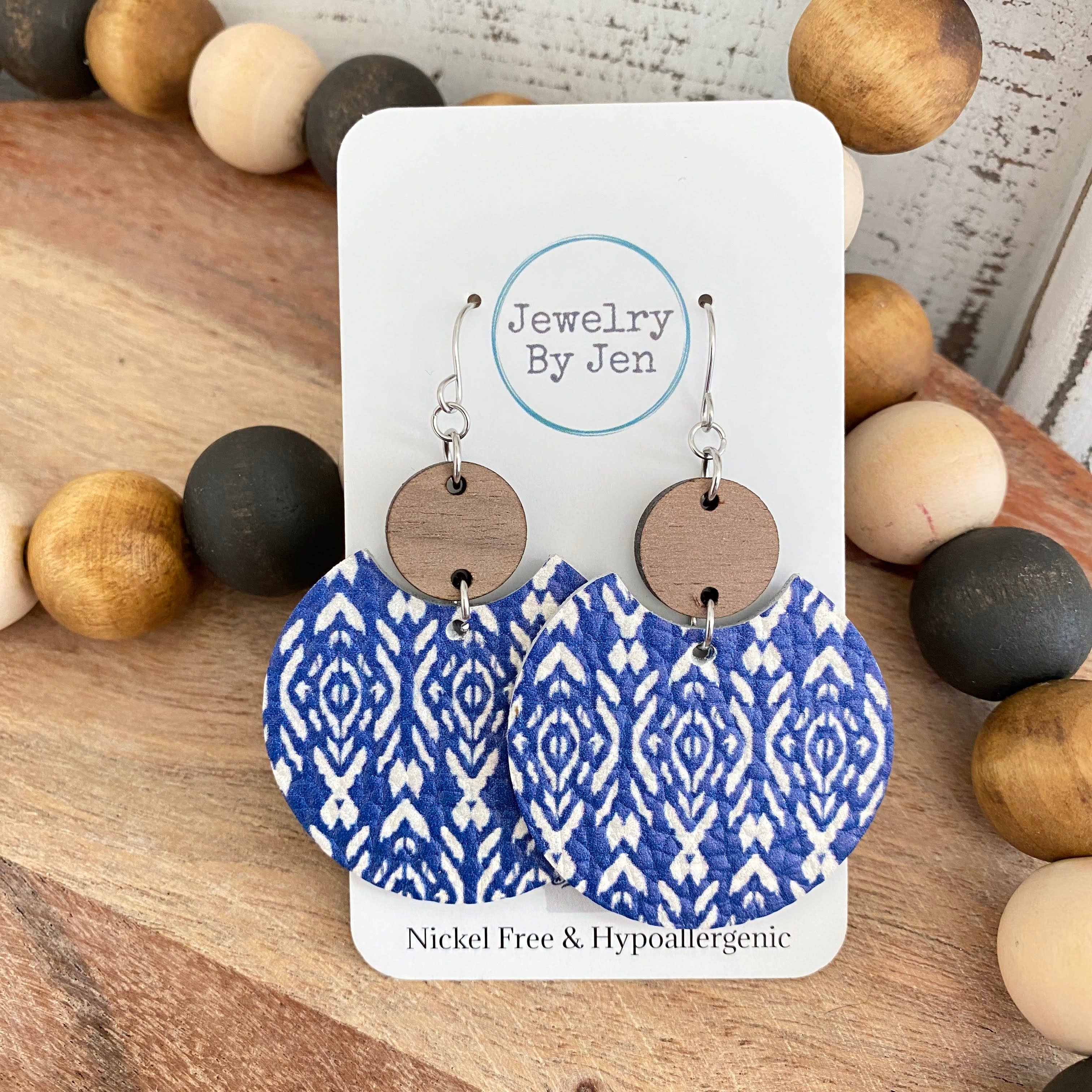 Jewelry By Jen - Wholesale Dangle Earrings - Luna Earrings: Blue Shibori Bohemian w/Wood1