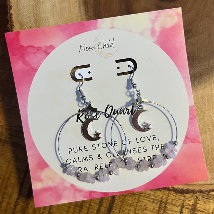 Moon & Star Ohrringe aus Silber mit Rosenquarz für den Großhandel von Moon Child