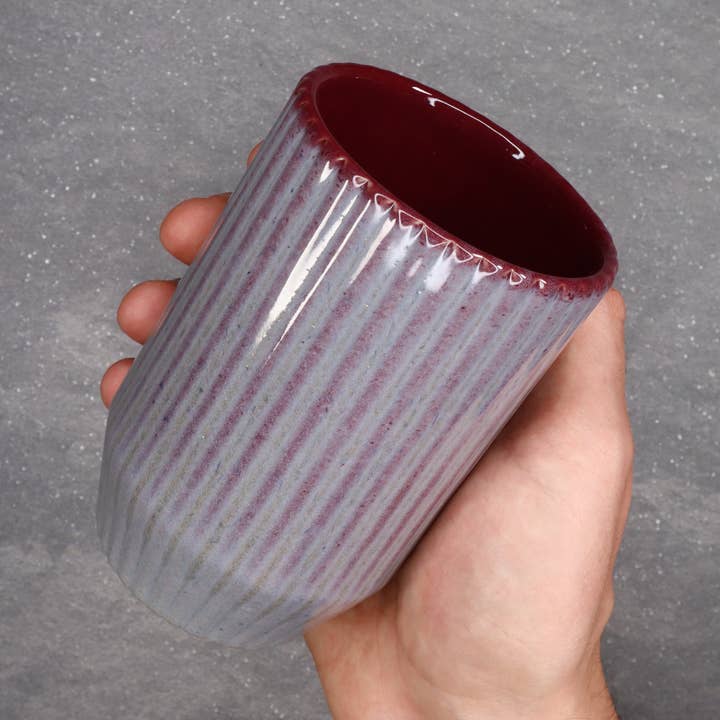 Gray and Red 16 oz Round Ribbed Stoneware Ceramic Cup for wholesale by HOLD SUPPLY