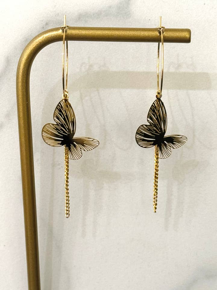 Laser Cut Butterfly Hoop Earrings w Chain Detail for wholesale by Cassette Barcelona