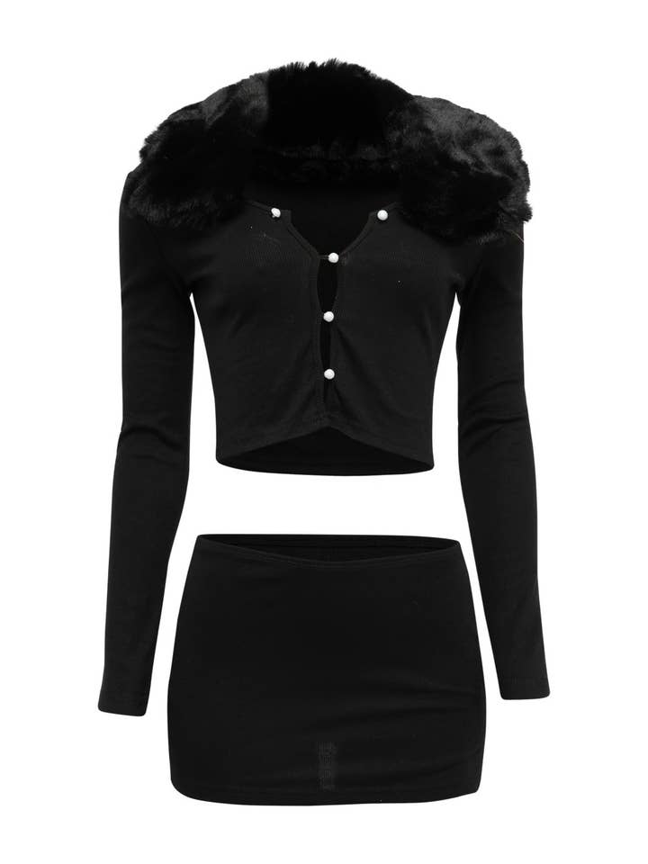 Faux fur collared top & mini skirt set for wholesale by J2 FASHION