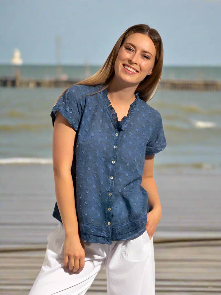 Capricorn Cotton Shirt In Denim Blue Wash for wholesale by Mozaic by Euro Dreaming