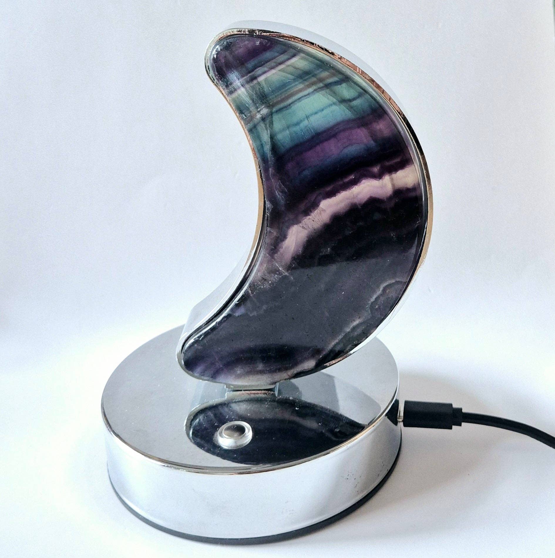 Moonlight Gemstones - Wholesale Accent/Desk Lamp - Candy Fluorite moon lamp on silver-colored base – with dimmable LED & USB connection8