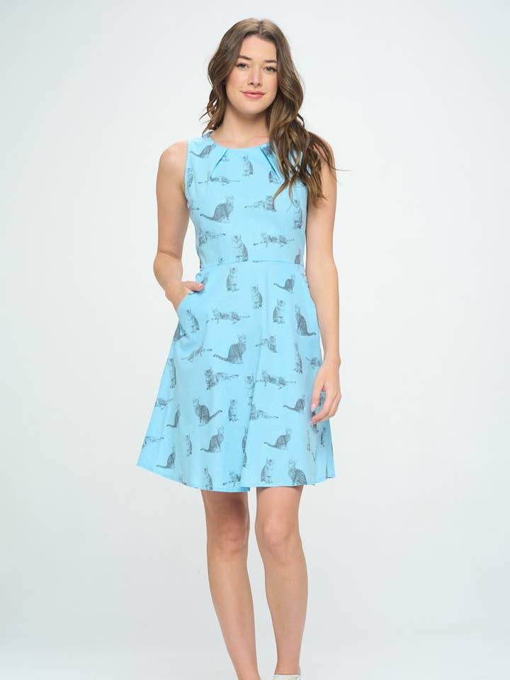 TABBY CAT PRINT DRESS LIGHT BLUE for wholesale by SM WARDROBE