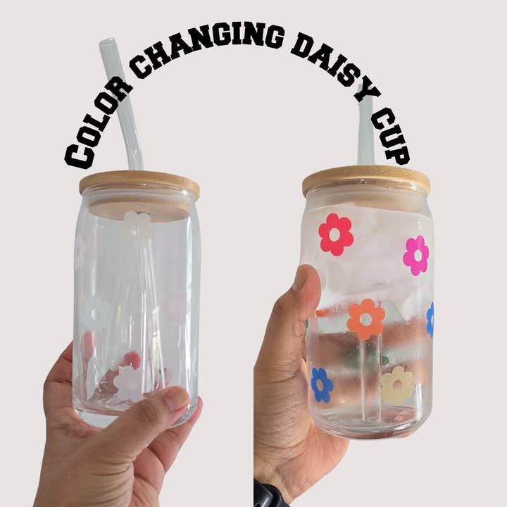 Rainbow Color Changing Daisy Glass Cup 16OZ Clear for wholesale by SimplyAbloom