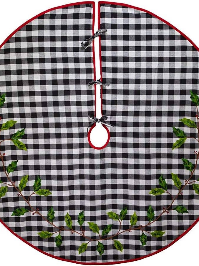 Buffalo Check Christmas Tree Skirt with Holly and Red Trim for wholesale by Flair Interiors