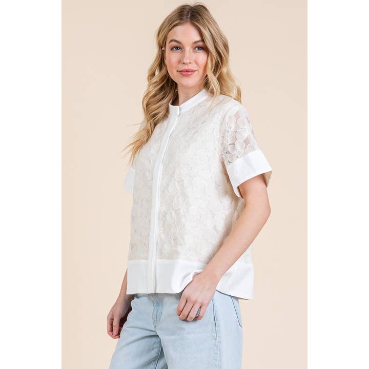 Solid Contrast Floral Embroidery Button Down Top for wholesale by LIME N CHILI