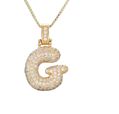 Ouro amarelo Pavé Bubble Letter Iniciais Colar em Aço Ouro 14K para venda a revendedores na Faire8