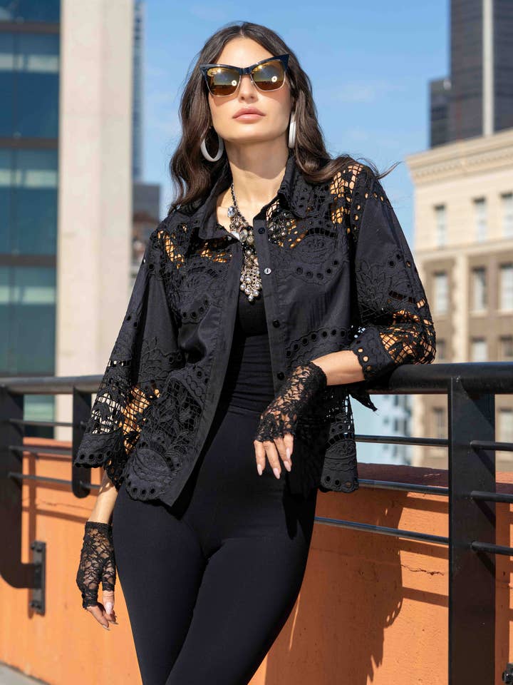 A104-B Embroidered Lace Button-Down Blouse for wholesale by Adore