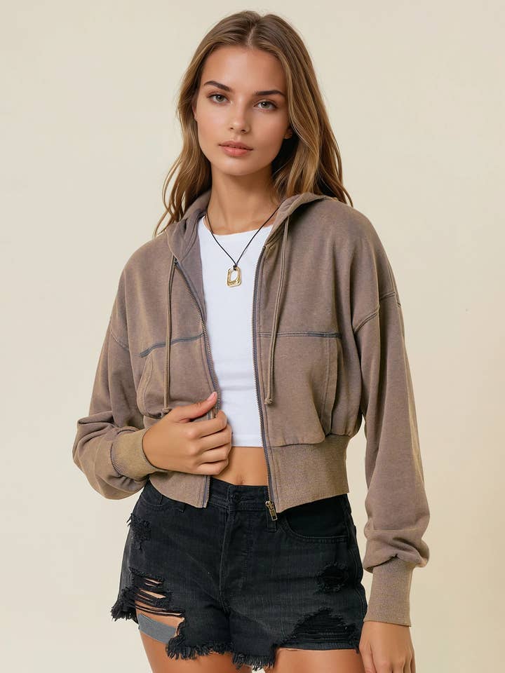 Vintage gewassen hoodie met ritssluiting en voorzakken - 10610J voor wholesale door Doe and Rae