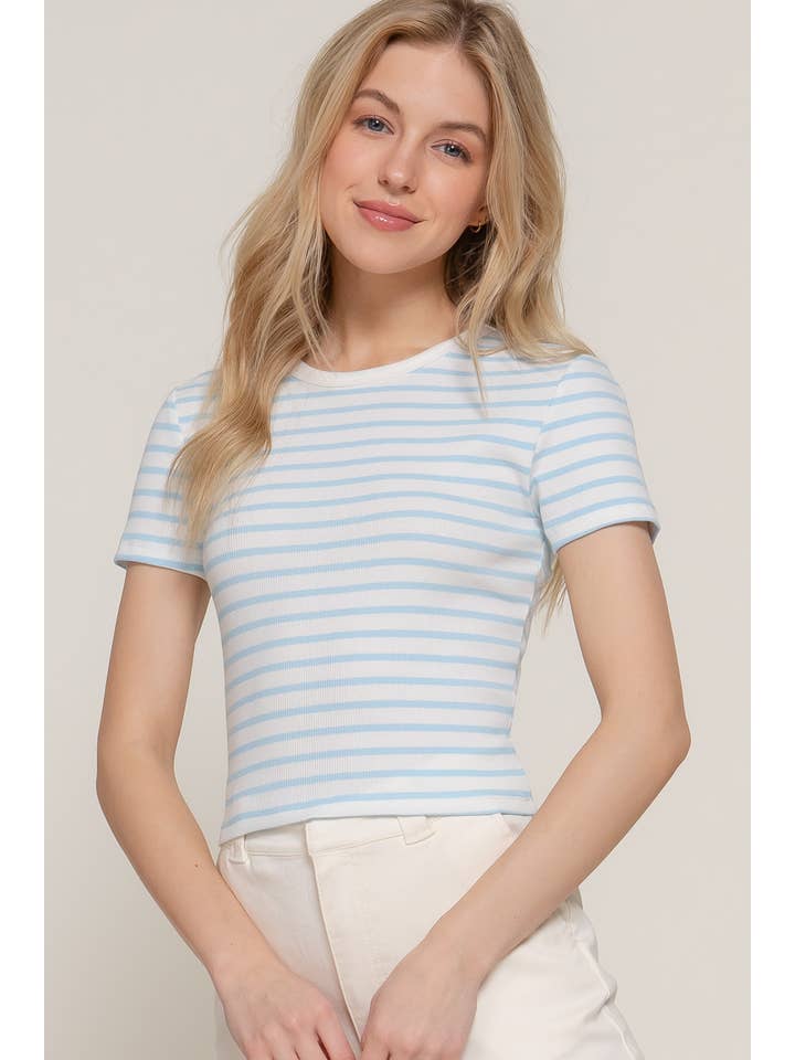 Active Basic | Active USA - Vendita all'ingrosso Top in maglia - Donna - Top a righe in cotone a costine con maniche corte e collo rotondo18