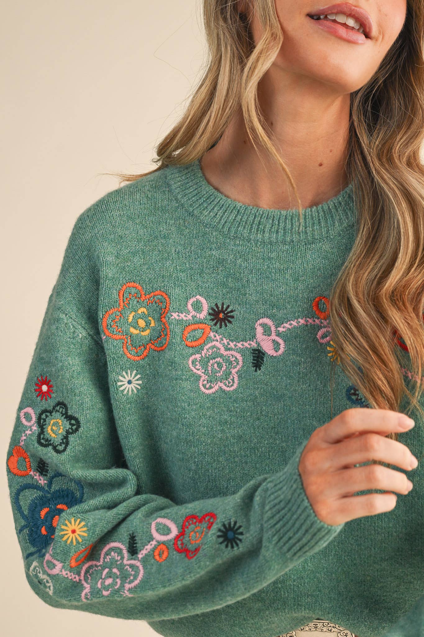 &MERCI - Wholesale Knit Sweater - Women's - FLORAL EMBROIDERY PULLOVER SWEATER MSW1096319