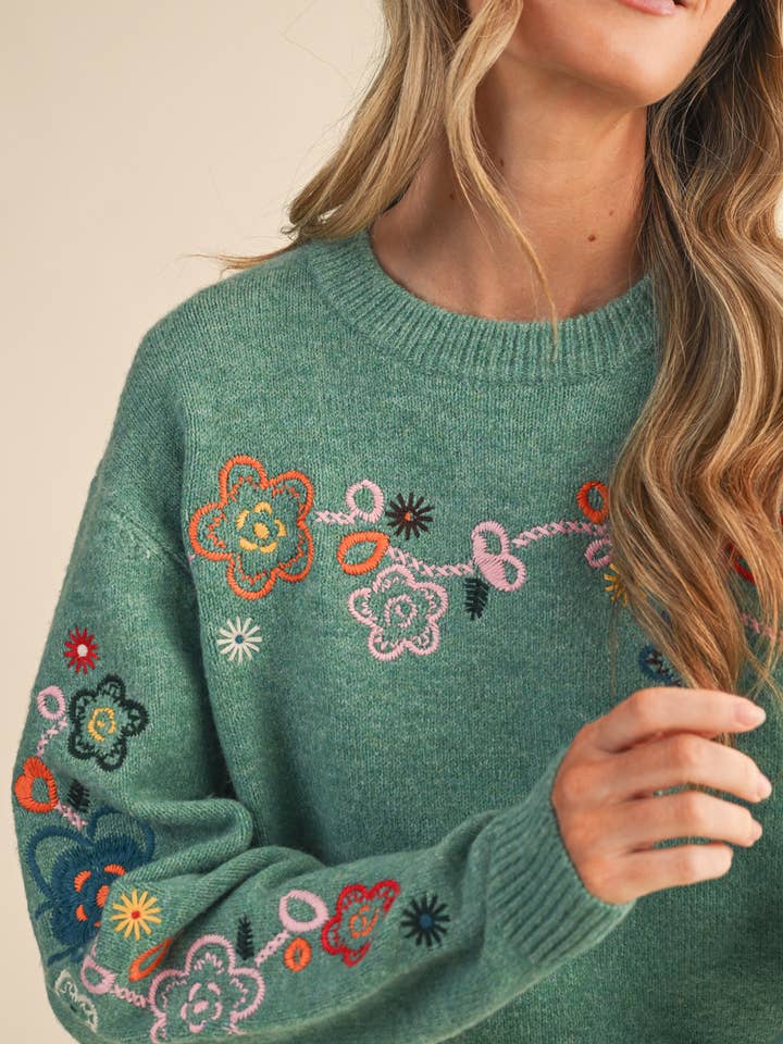 &MERCI - Wholesale Knit Sweater - Women's - FLORAL EMBROIDERY PULLOVER SWEATER MSW1096319
