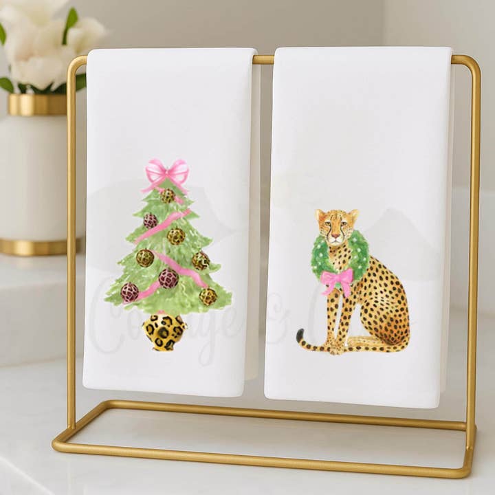 Preppy Pink and Green Cheetah, Leopard Themed Fingertip Towels | Christmas Powder Room Hand Towels | Personalized Bathroom Decor & Gift for wholesale by Cottage & Club