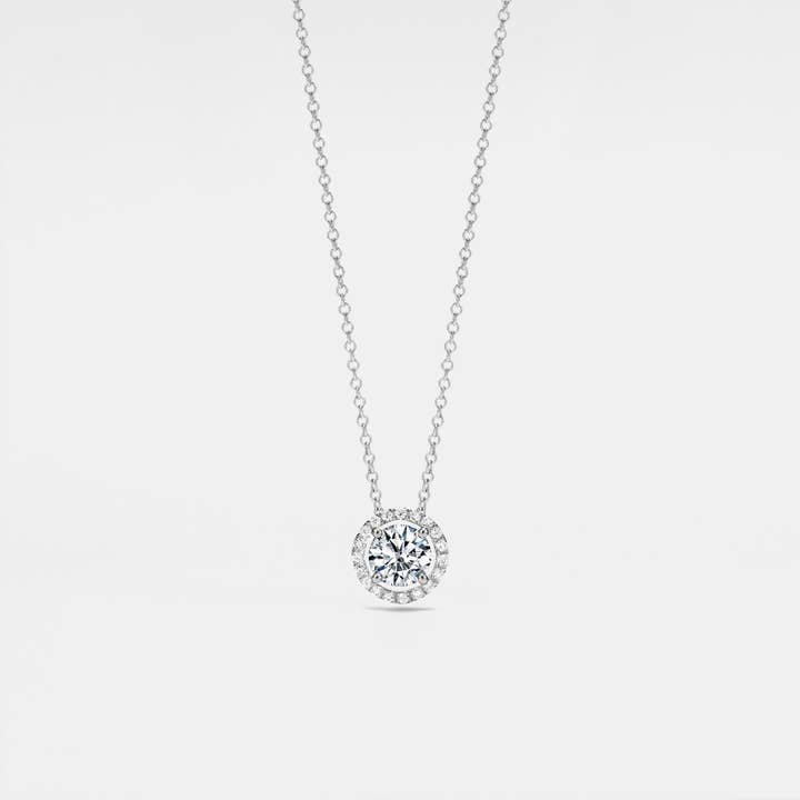 Perimade & Co. LLC - Wholesale Pendant/Charm Necklace - Four-Prong Moissanite Halo Necklace in 925 Sterling Silver