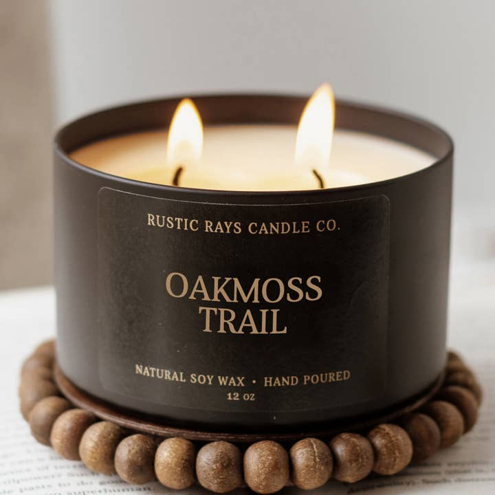 Oakmoss Trail 12 oz Soy Candle - Earthy Home Decor & Gifts for wholesale by Rustic Rays Candle Co.